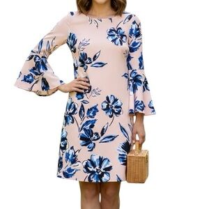 Eliza J Women's Pink Blue Floral Print Bell Long Sleeve Dress Size 4